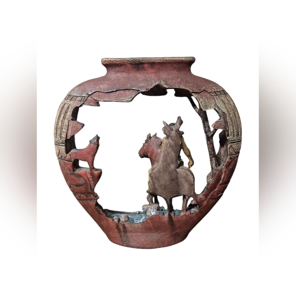 Resin Native American Indian Warrior On Horse Howling wolf sculpture Pottery 9" - Picture 3 of 11